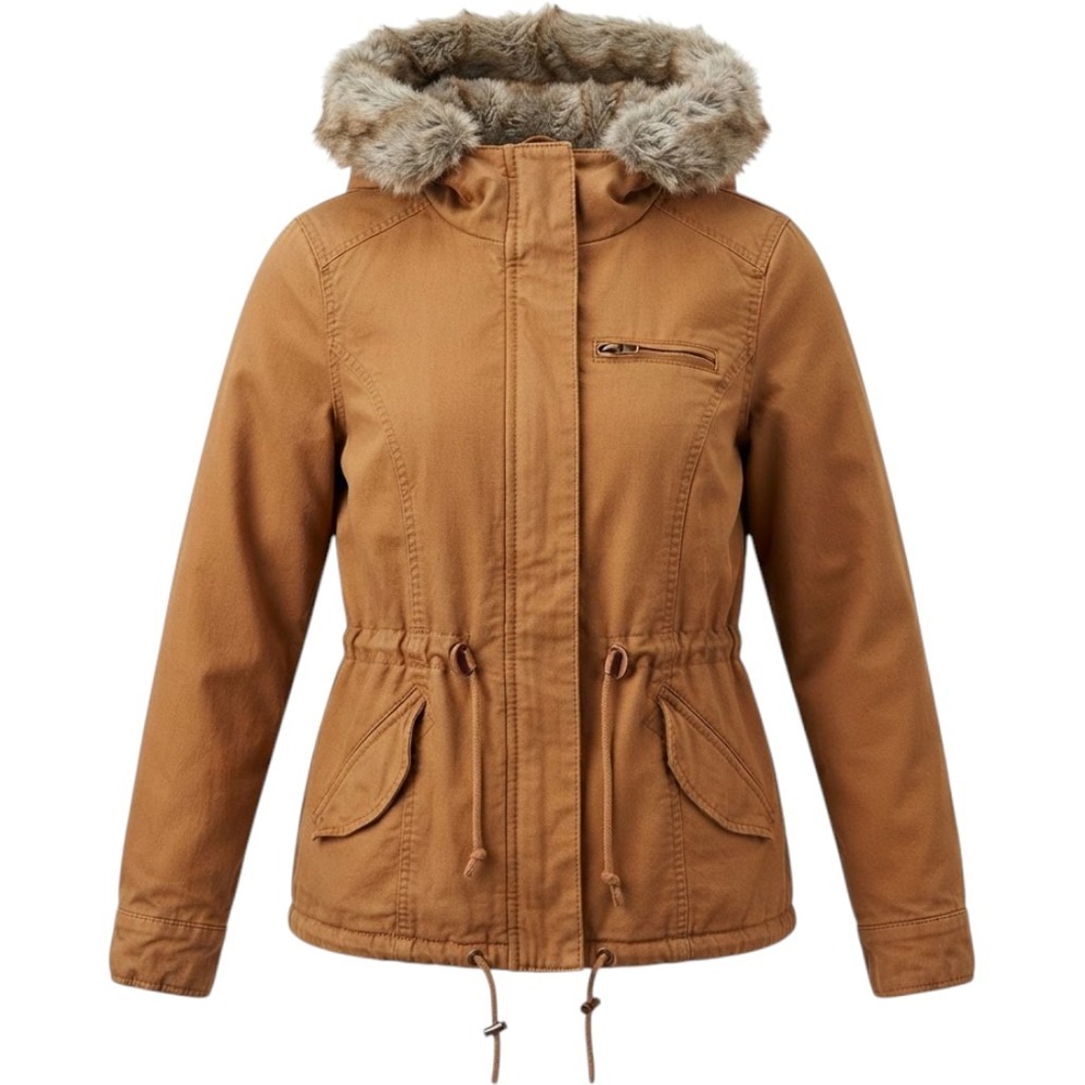 HM Womens Brown Sherpa Lined Faux Fur Hood Utility Parka Jacket Chore Coat Med 8